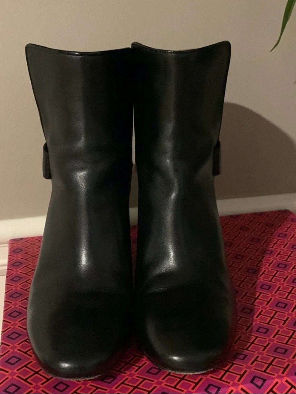 Tory Burch Black Leather Block Heel Ankle Booties with Gold Logo